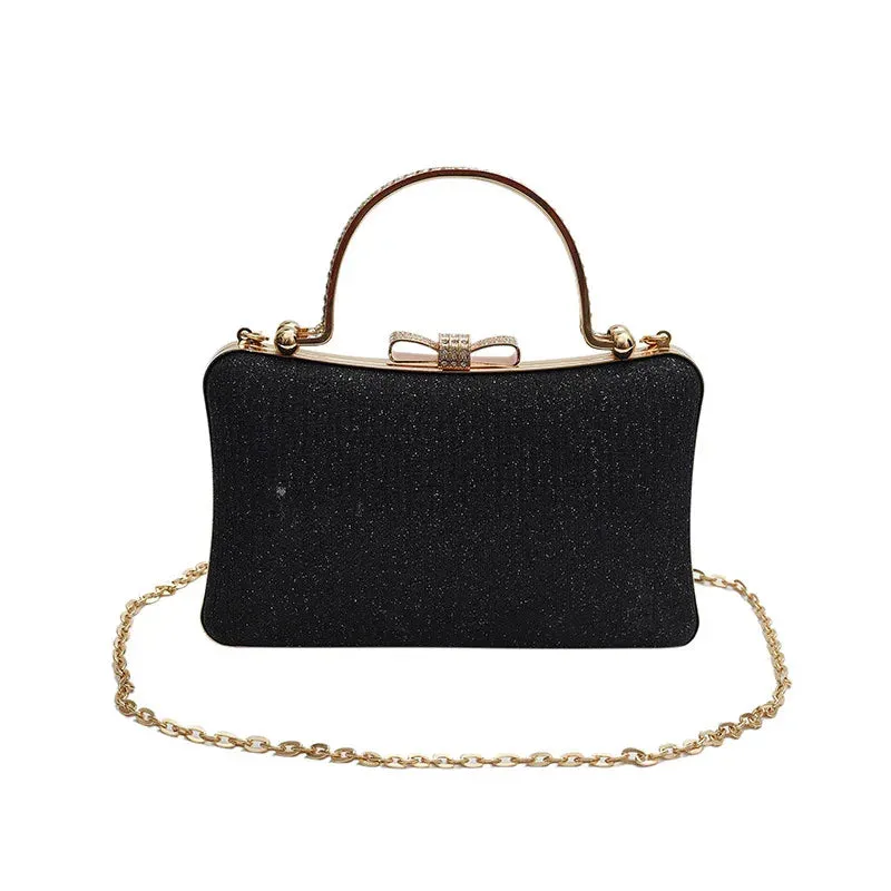 Chic Glitter Sequins Diamond Clutch Handbag Women Metal Top Handle PU Leather Square Rhinestone Messenger Purse Chain Bag Box