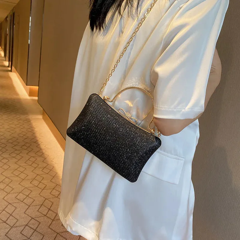 Chic Glitter Sequins Diamond Clutch Handbag Women Metal Top Handle PU Leather Square Rhinestone Messenger Purse Chain Bag Box