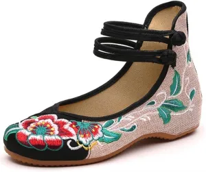Chinese Traditional Floral Embroidered Shoes for Women Ethnic Style Round Toe Ankle Strap Canvas Sandals Handmade Mary Jane Flat Dress Loafers