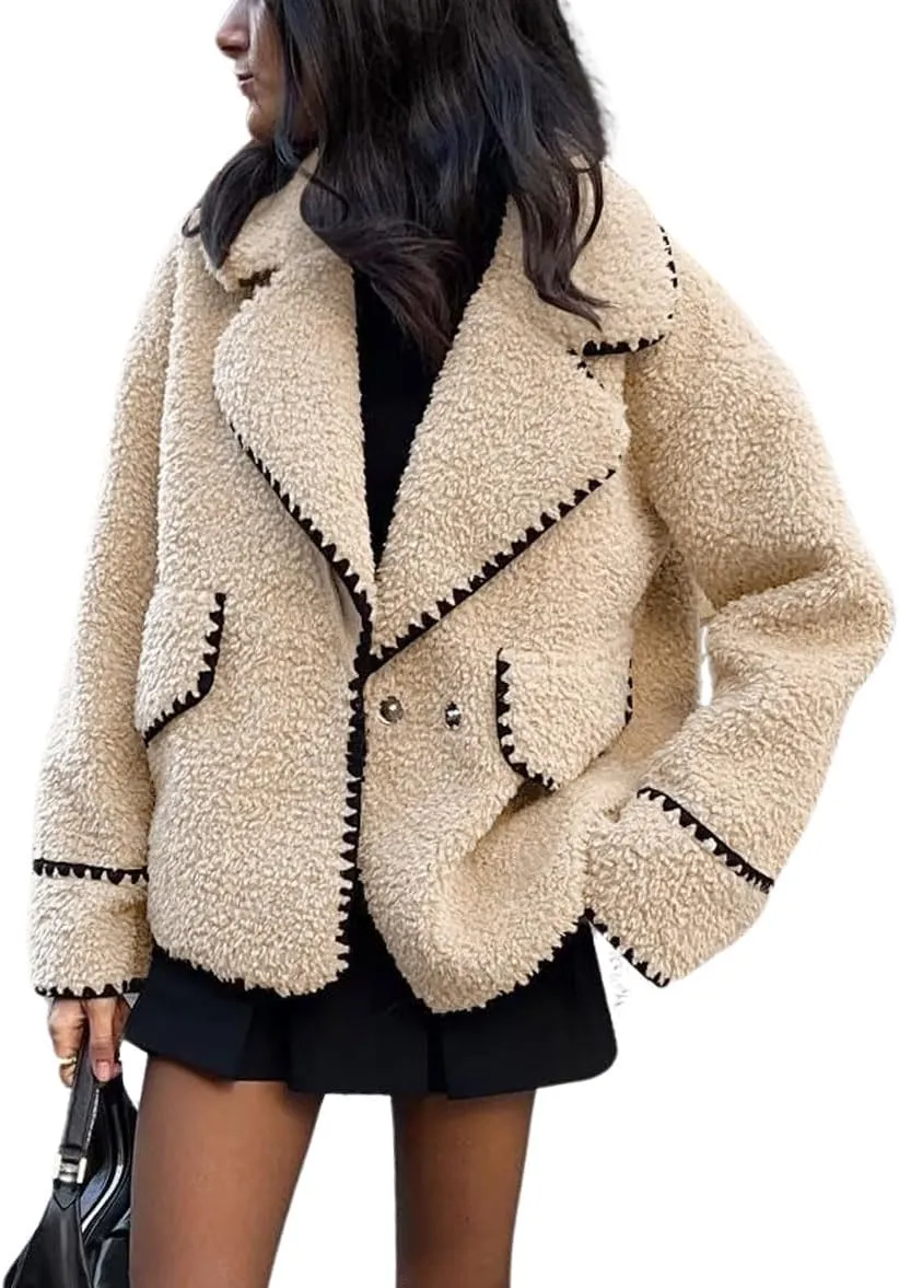 chouyatou Women's Winter Casual Embroidered Sherpa Jacket Notch Lapel Fuzzy Faux Fur Fleece Jacket Coat
