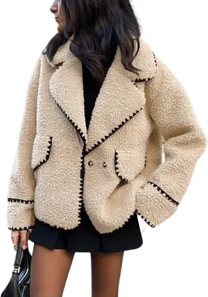 chouyatou Women's Winter Casual Embroidered Sherpa Jacket Notch Lapel Fuzzy Faux Fur Fleece Jacket Coat