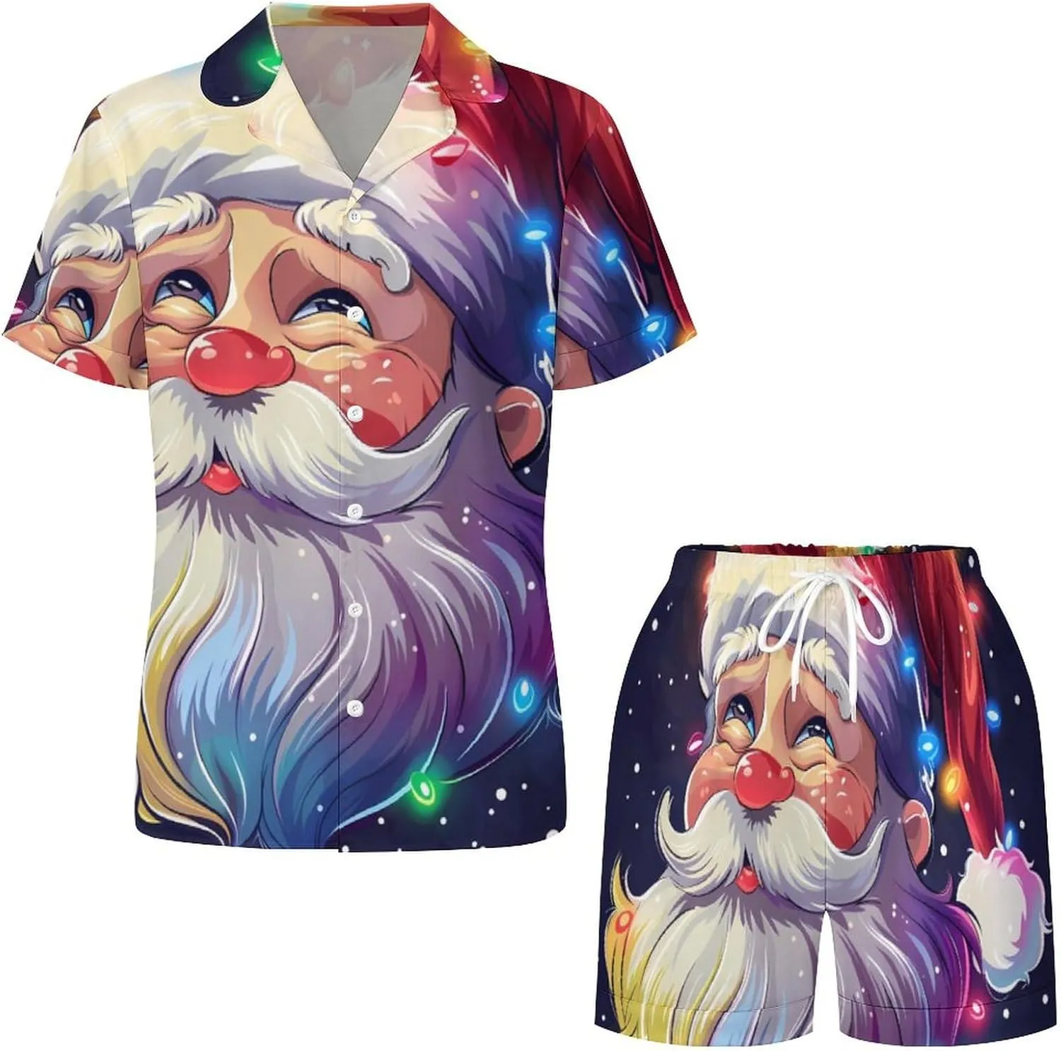 Christmas Sparkly Glitter Santa Women's Satin Pajama Set Short Sleeve Button Down Sleepwear Loungewear Pj Set