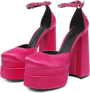 Chunky Block Heels for Women Square Toe Ankle Strap Buckle Rhinestones Wedge Silk Satin High Platform Heels Dress Pumps Shoes,Pink,42 EU/9 US