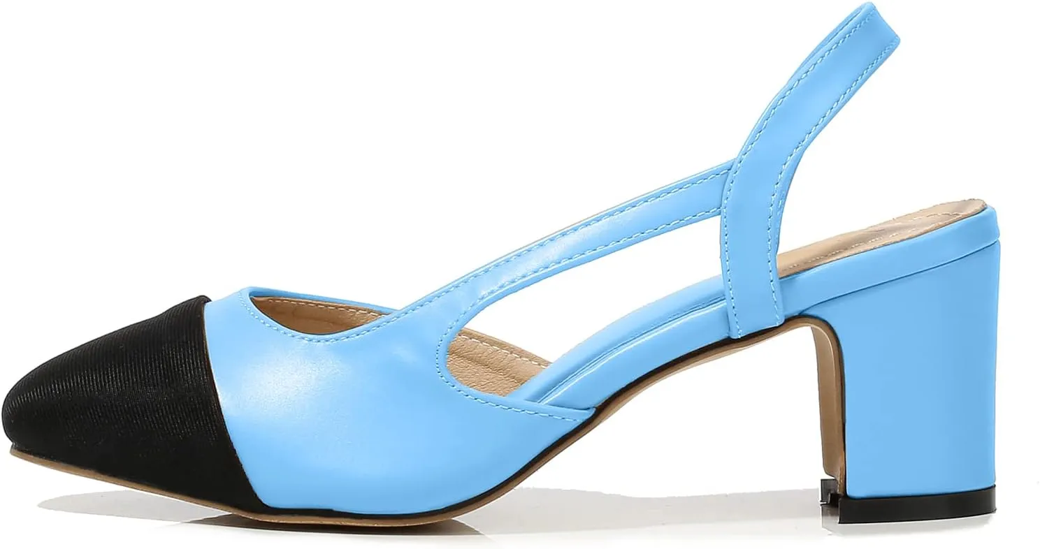 CKSNDLF Women Slingback Pumps Chunky High Heels Splicing Round Toe Comfortable Casual Wedding Shoes for Women Dress Shoes
