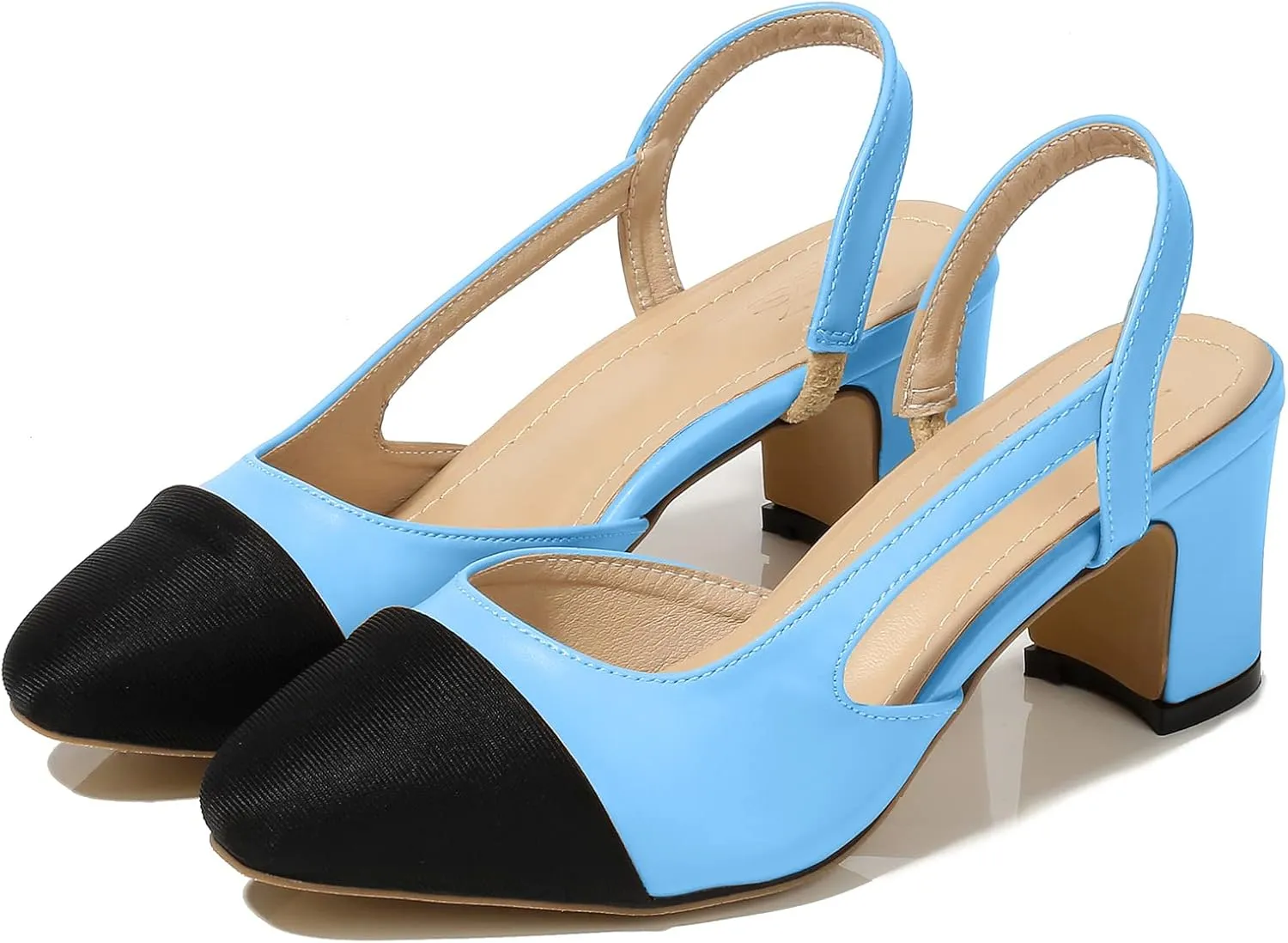 CKSNDLF Women Slingback Pumps Chunky High Heels Splicing Round Toe Comfortable Casual Wedding Shoes for Women Dress Shoes