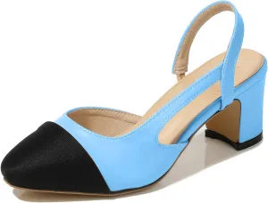 CKSNDLF Women Slingback Pumps Chunky High Heels Splicing Round Toe Comfortable Casual Wedding Shoes for Women Dress Shoes