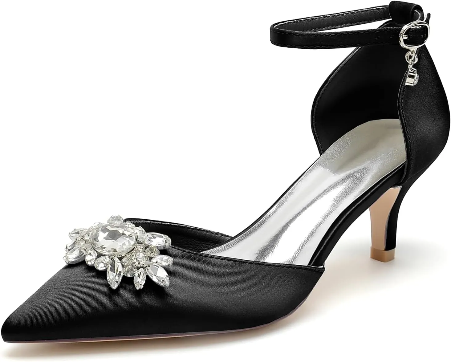 Closed Toe Satin Kitten Heels Wedding Shoes for Bride Low Heels Ankle Strap Bridal Shoes Rhinestones Shoes Pumps