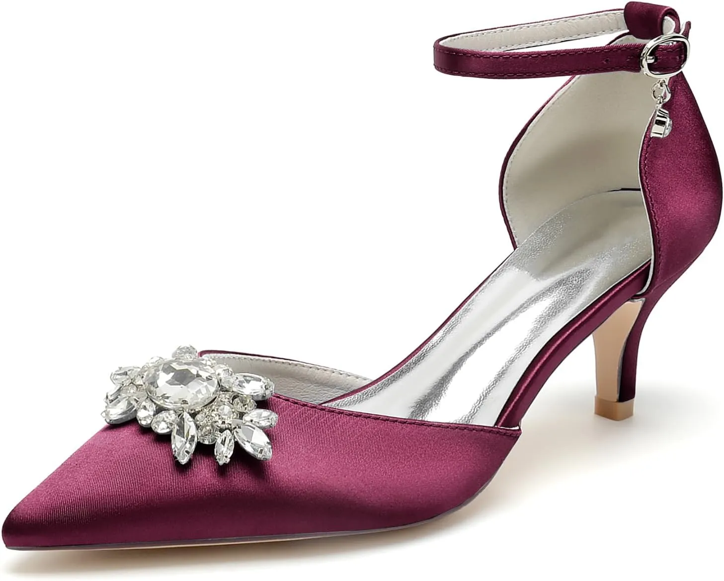 Closed Toe Satin Kitten Heels Wedding Shoes for Bride Low Heels Ankle Strap Bridal Shoes Rhinestones Shoes Pumps