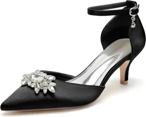 Closed Toe Satin Kitten Heels Wedding Shoes for Bride Low Heels Ankle Strap Bridal Shoes Rhinestones Shoes Pumps