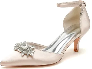 Closed Toe Satin Kitten Heels Wedding Shoes for Bride Low Heels Ankle Strap Bridal Shoes Rhinestones Shoes Pumps