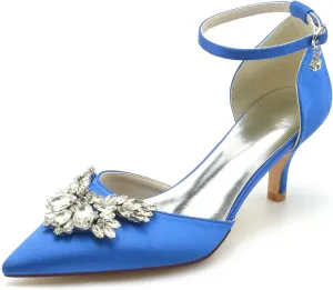 Closed Toe Satin Low Kitten Heels White Wedding Shoes for Bride Ankle Strap Rhinestones Beaded Bridal Shoes Evening Prom Party Dress Pumps for Women