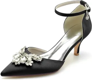 Closed Toe Satin Low Kitten Heels White Wedding Shoes for Bride Ankle Strap Rhinestones Beaded Bridal Shoes Evening Prom Party Dress Pumps for Women