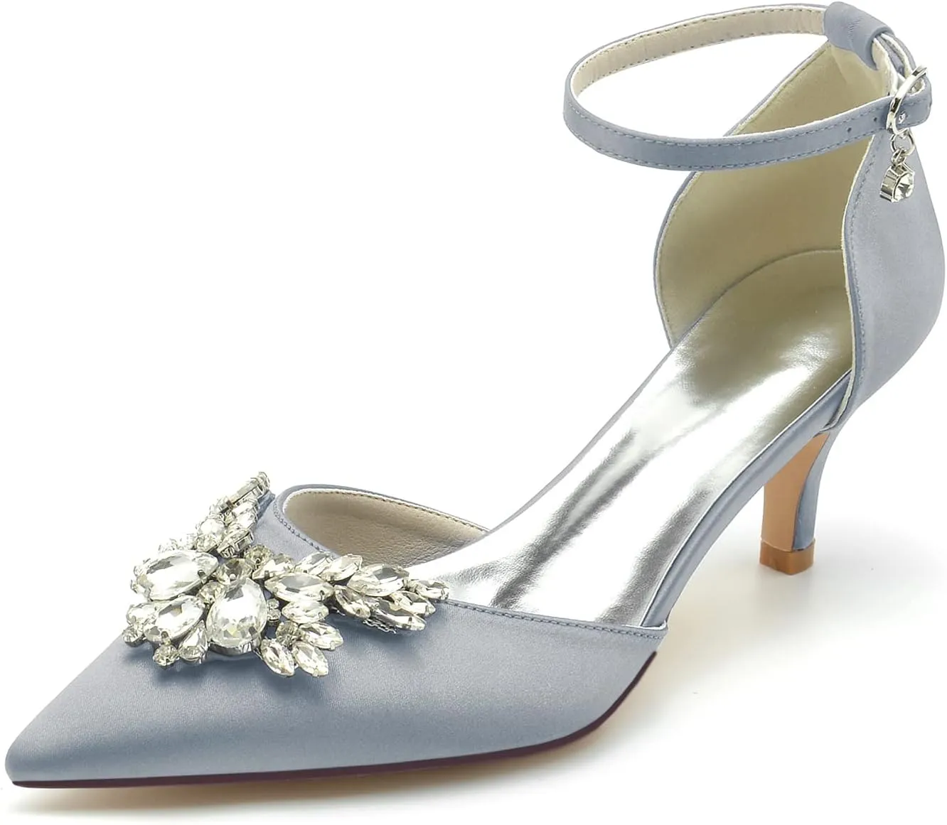 Closed Toe Satin Low Kitten Heels White Wedding Shoes for Bride Ankle Strap Rhinestones Beaded Bridal Shoes Evening Prom Party Dress Pumps for Women