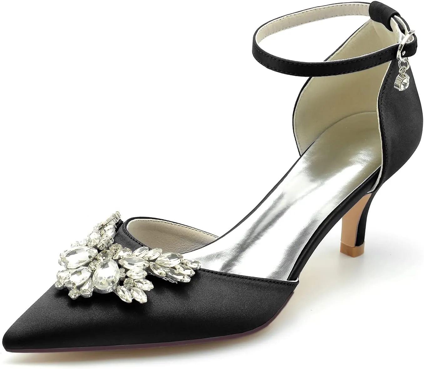 Closed Toe Satin Low Kitten Heels White Wedding Shoes for Bride Ankle Strap Rhinestones Beaded Bridal Shoes Evening Prom Party Dress Pumps for Women