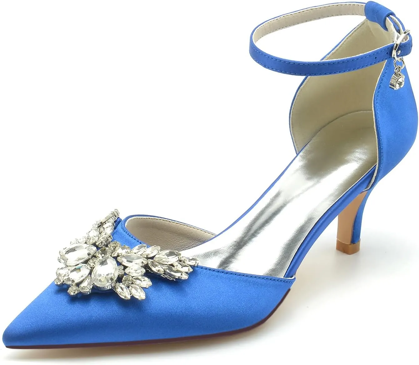 Closed Toe Satin Low Kitten Heels White Wedding Shoes for Bride Ankle Strap Rhinestones Beaded Bridal Shoes Evening Prom Party Dress Pumps for Women