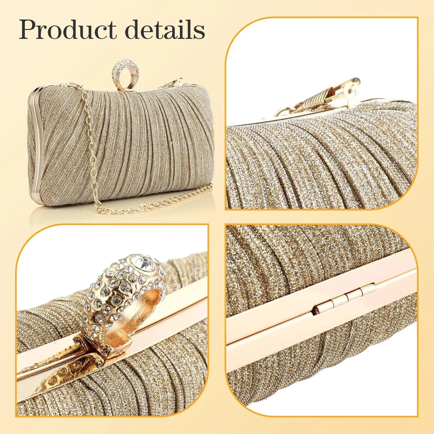 Clutch Purse for Women Pleated Glitter Evening Clutch Purses with Rhinestone Evening Bag for Bridal Wedding Party