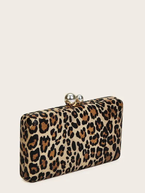 CM-BGS723398 Women Elegant Seoul Style Leopard Print Faux Pearl Decor Clutch Bag