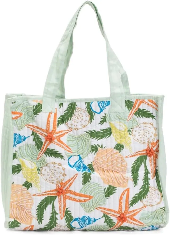Coastal Quilted Beach Tote Bag, Starfish and Palm Print, 16.75 x 13.5 inches, Beaded Embroidery