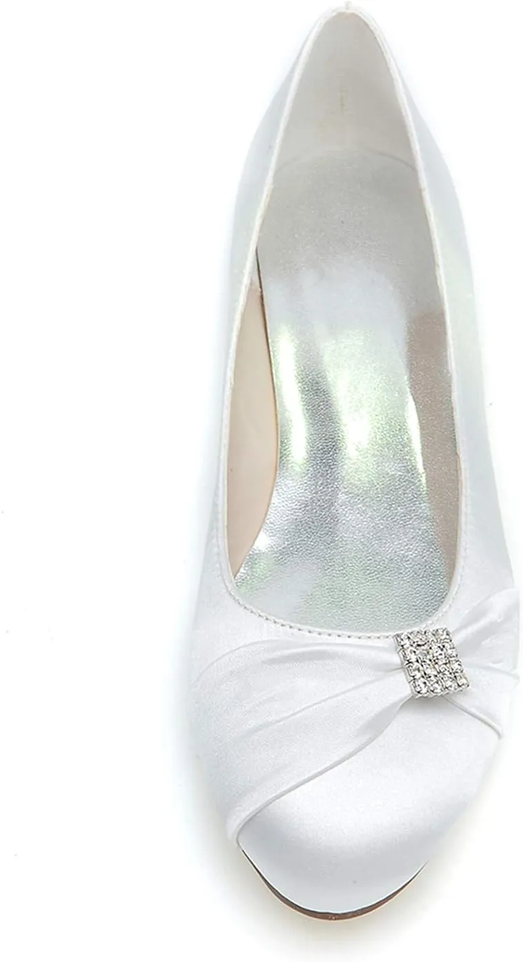 COMFASH Wedding Shoes Ladies' Flats Satin Round Toe Rhinestones Evening Party Ballet Pumps