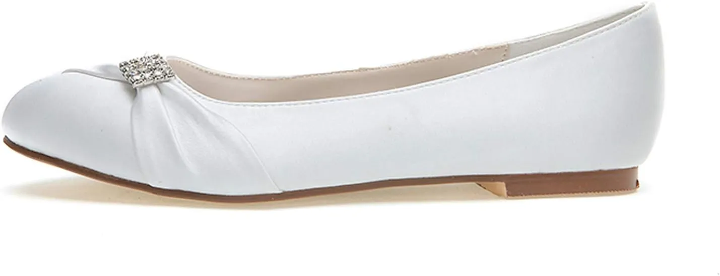 COMFASH Wedding Shoes Ladies' Flats Satin Round Toe Rhinestones Evening Party Ballet Pumps