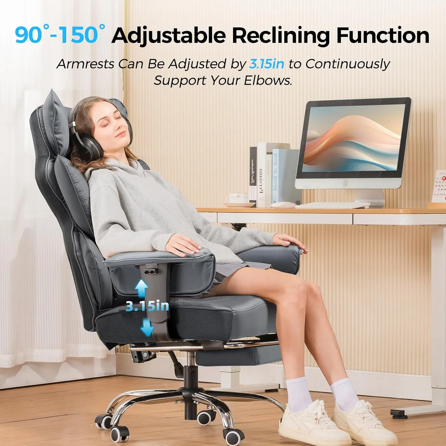 COMHOMA Big and Tall Office Chair 400LBS Wide Ergonomic Gaming Chair with Deluxe Embossing Designed Leather with Foot Rest,150°Reclining Adjustable Armrests Pocket Spring Back Support and Pillow