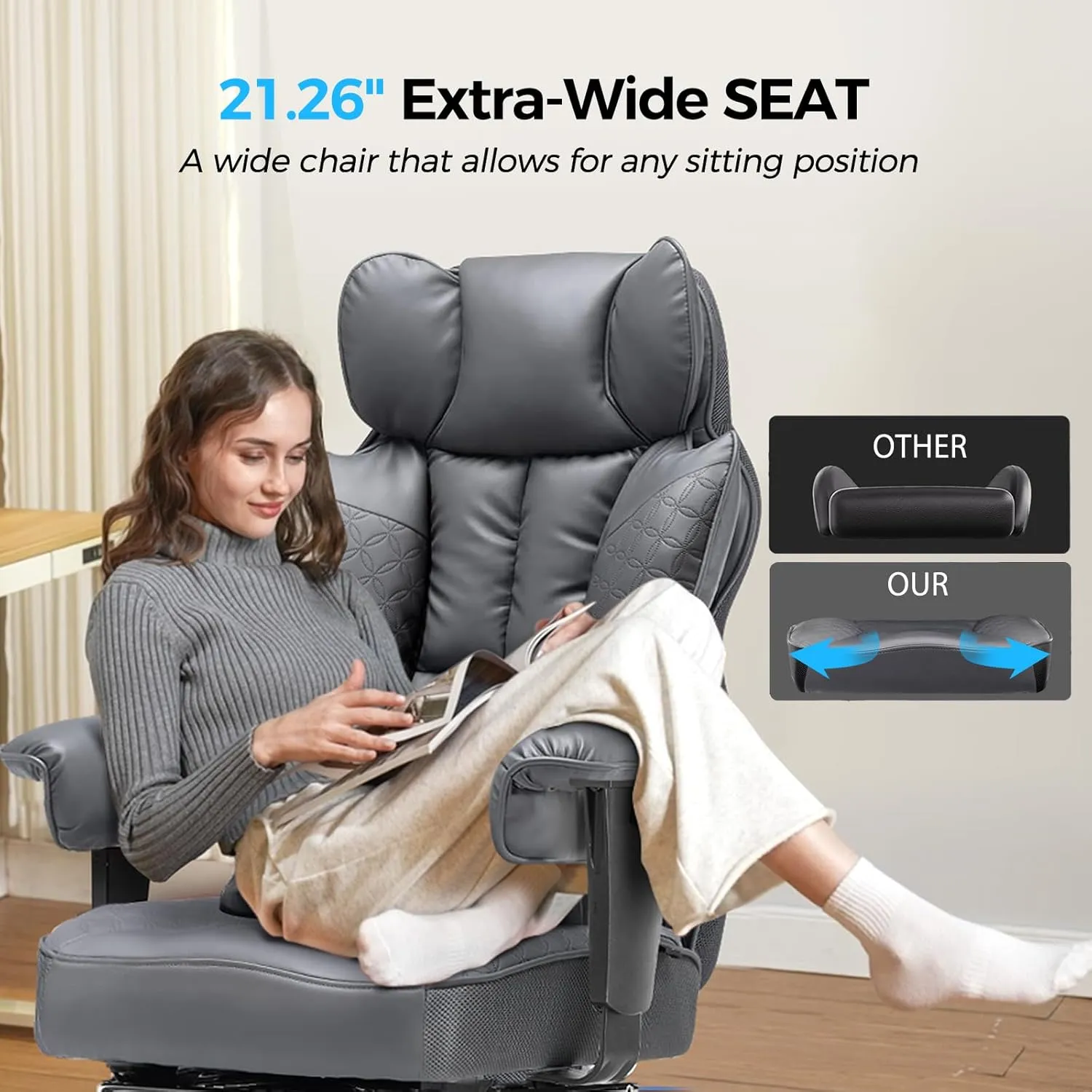 COMHOMA Big and Tall Office Chair 400LBS Wide Ergonomic Gaming Chair with Deluxe Embossing Designed Leather with Foot Rest,150°Reclining Adjustable Armrests Pocket Spring Back Support and Pillow
