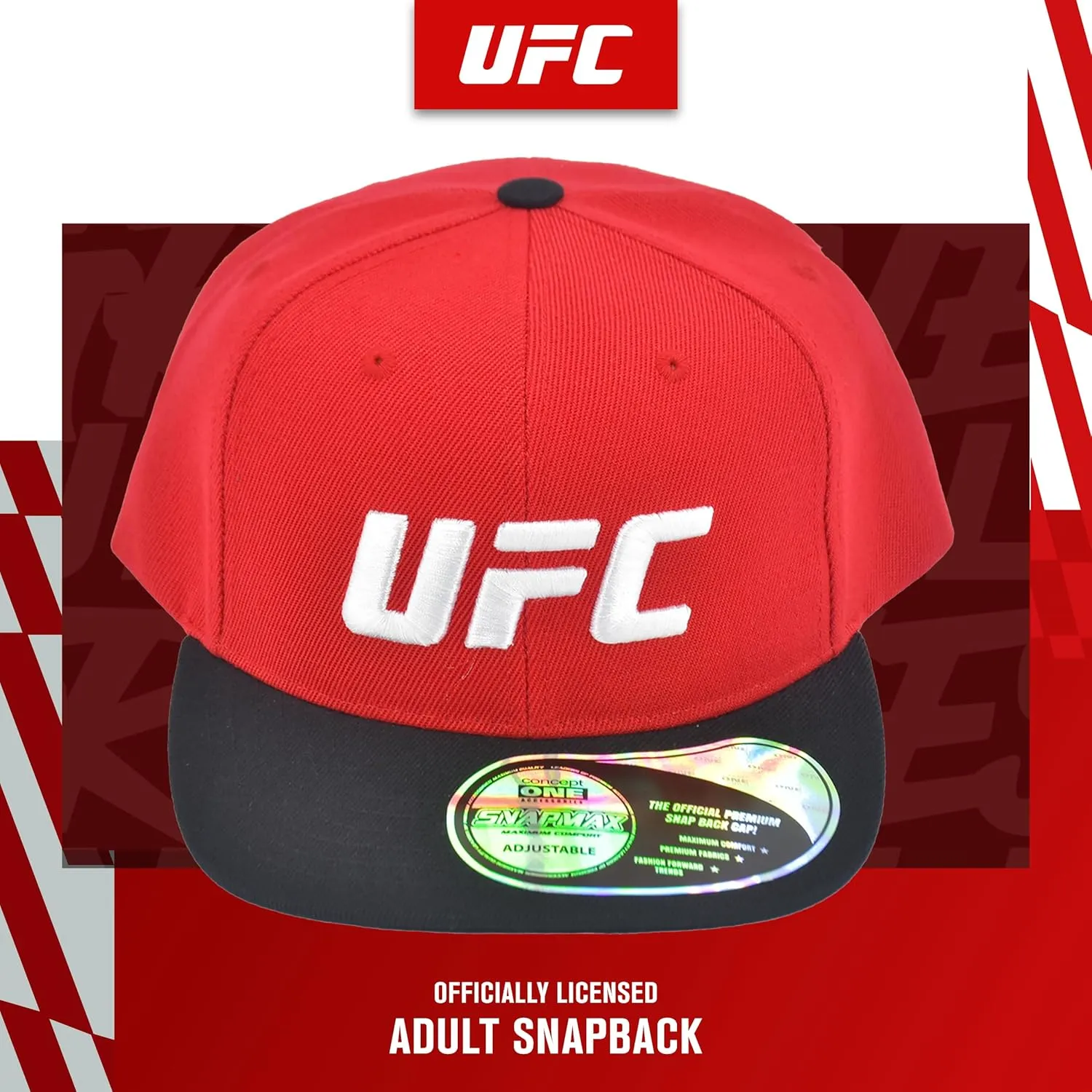 Concept One UFC Baseball Cap, 6 Panel Adult Adjustable Snapback Hat with Flat Brim