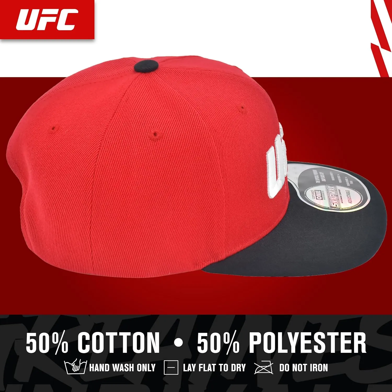 Concept One UFC Baseball Cap, 6 Panel Adult Adjustable Snapback Hat with Flat Brim