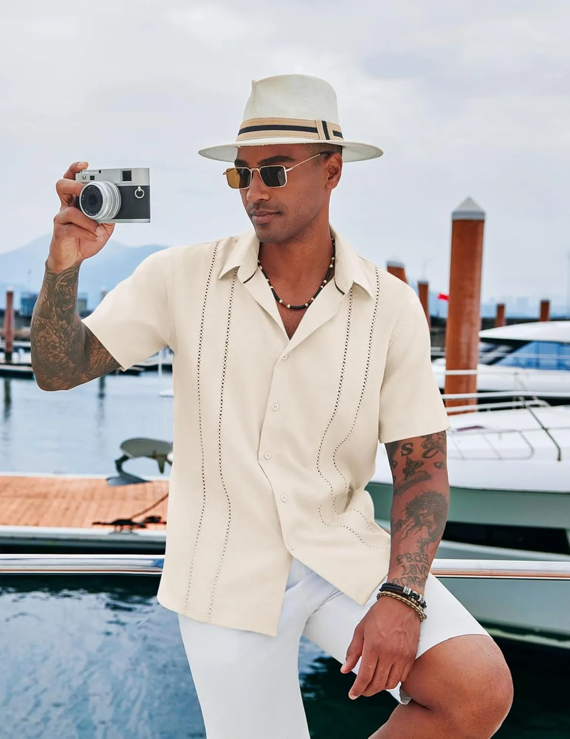 COOFANDY Men's Cuban Guayabera Shirt Casual Short Sleeve Button Down Shirts Summer Beach Shirts