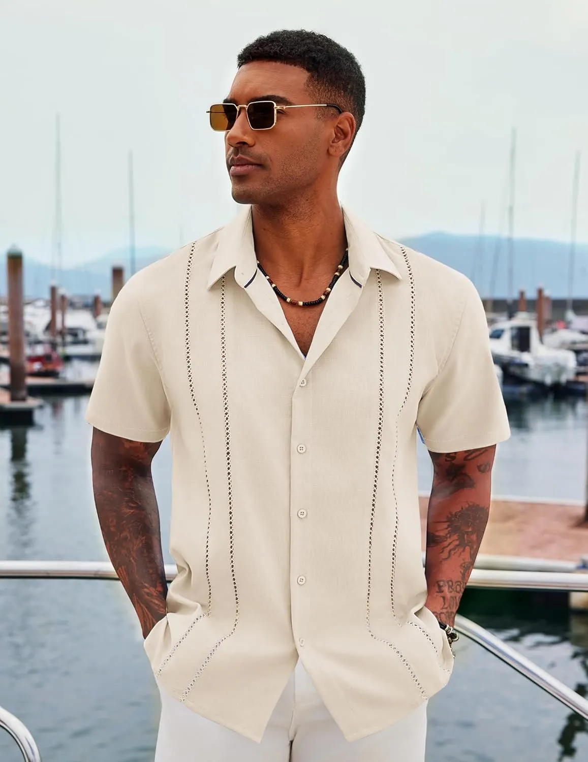 COOFANDY Men's Cuban Guayabera Shirt Casual Short Sleeve Button Down Shirts Summer Beach Shirts