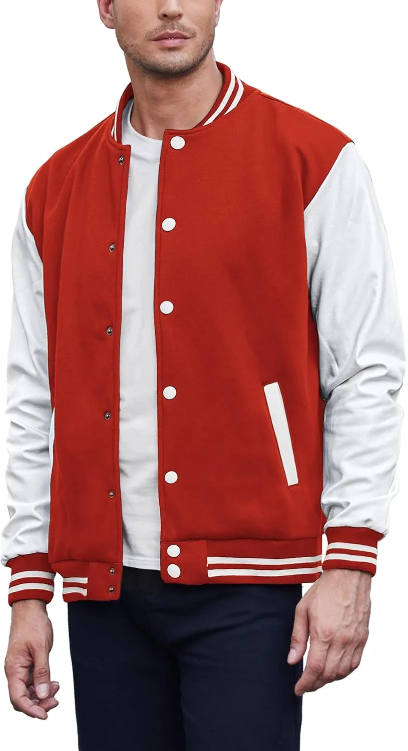 COOFANDY Mens Fashion Varsity Jackets Leather Sleeve Slim Fit College Baseball Letterman Bomber Coat