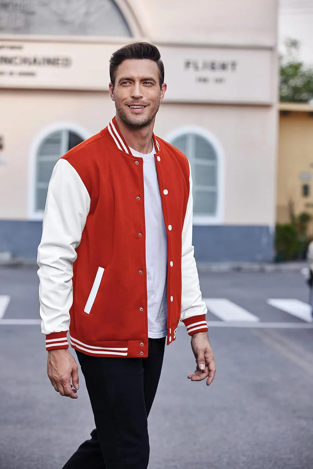 COOFANDY Mens Fashion Varsity Jackets Leather Sleeve Slim Fit College Baseball Letterman Bomber Coat