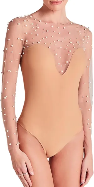 CORIRESHA Women's Chic Pearls Top Long Sleeve Crewneck Sheer Mesh Bodysuit Clubwear
