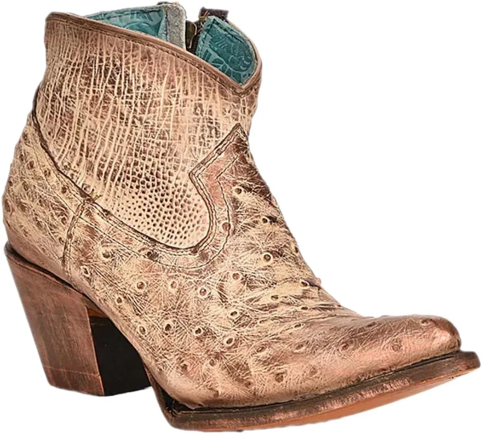 CORRAL LADIE'S IVORY OSTRICH ZIPPER & HAND PAINTED ANKLE BOOT J TOE, LEATHER SOLE, OSTRICH LEATHER, URBAN BOOT, A4393