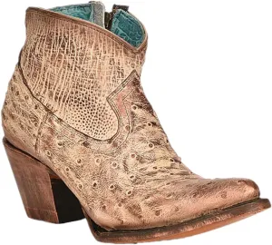 CORRAL LADIE'S IVORY OSTRICH ZIPPER & HAND PAINTED ANKLE BOOT J TOE, LEATHER SOLE, OSTRICH LEATHER, URBAN BOOT, A4393