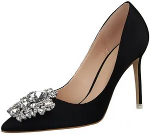CosyFever Womens DC126 Wedding Rhinestones Metal Buckles Satin Low Stiletto Pumps