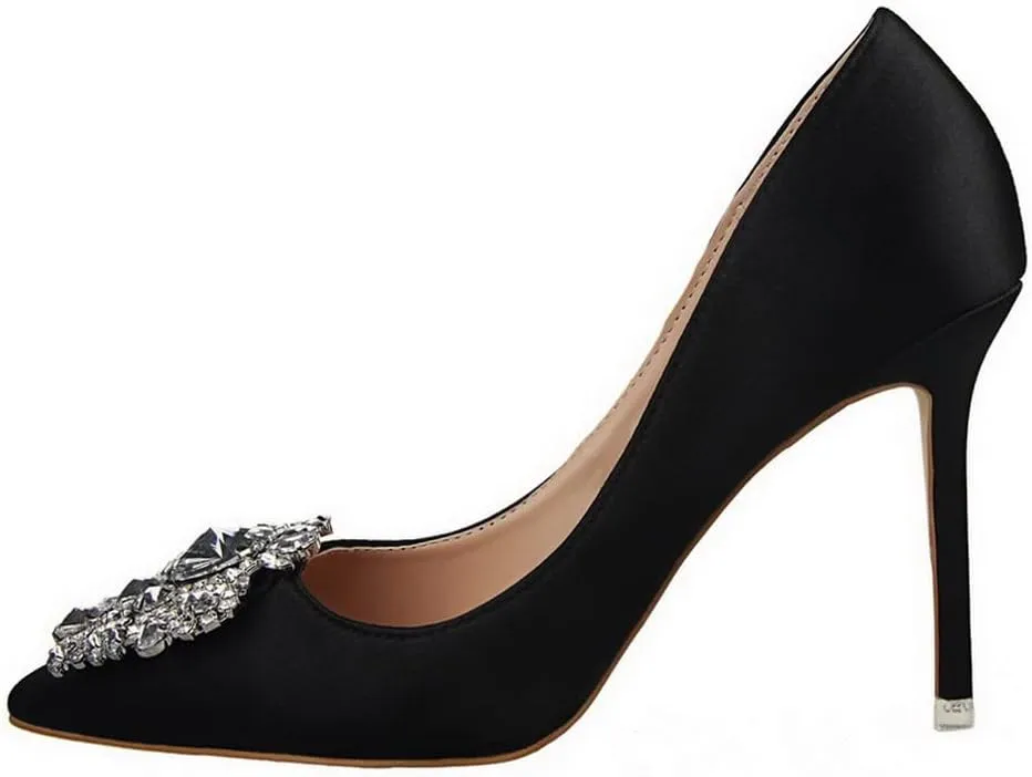 CosyFever Womens DC126 Wedding Rhinestones Metal Buckles Satin Low Stiletto Pumps