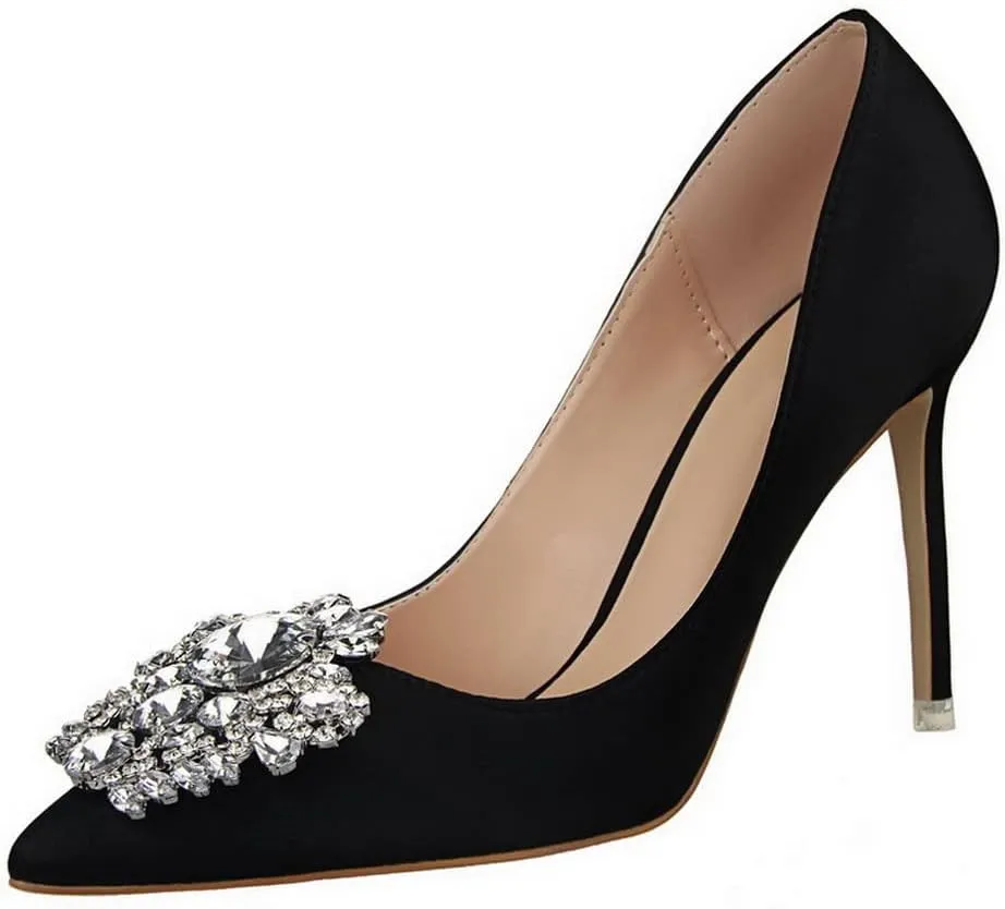 CosyFever Womens DC126 Wedding Rhinestones Metal Buckles Satin Low Stiletto Pumps