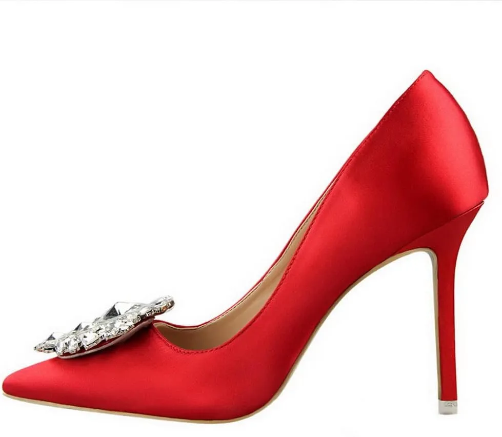 CosyFever Womens DC126 Wedding Rhinestones Metal Buckles Satin Low Stiletto Pumps