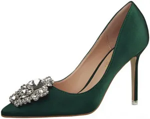 CosyFever Womens DC126 Wedding Rhinestones Metal Buckles Satin Low Stiletto Pumps