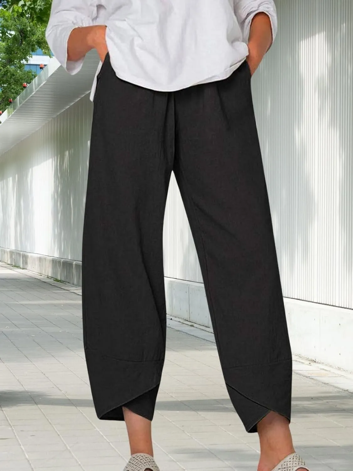 Cotton Linen Pants for Women Summer Casual Capri Pants Waist Elastic Comfy Loose Women's Palazzo Trousers with Pockets