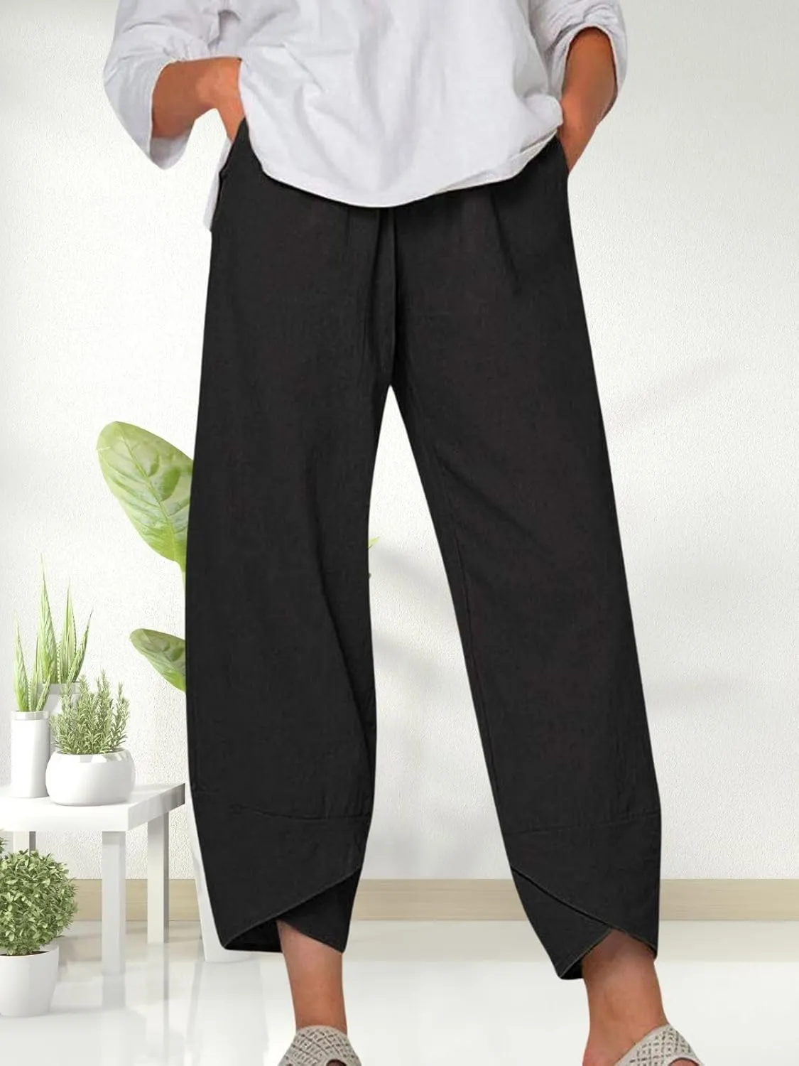Cotton Linen Pants for Women Summer Casual Capri Pants Waist Elastic Comfy Loose Women's Palazzo Trousers with Pockets