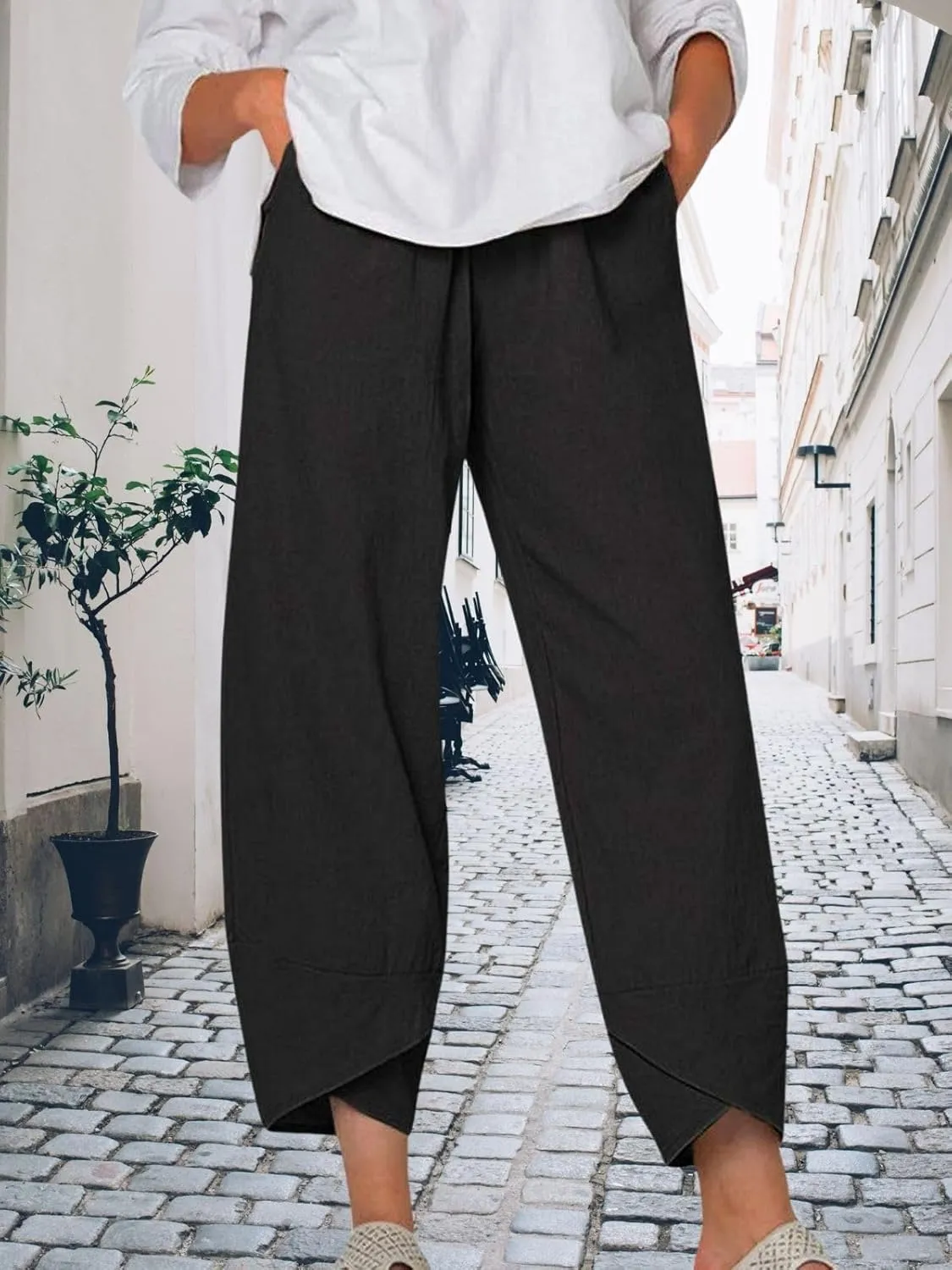 Cotton Linen Pants for Women Summer Casual Capri Pants Waist Elastic Comfy Loose Women's Palazzo Trousers with Pockets