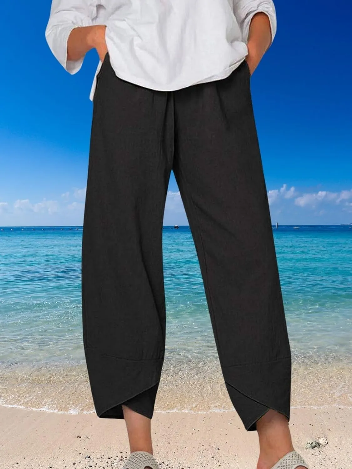 Cotton Linen Pants for Women Summer Casual Capri Pants Waist Elastic Comfy Loose Women's Palazzo Trousers with Pockets