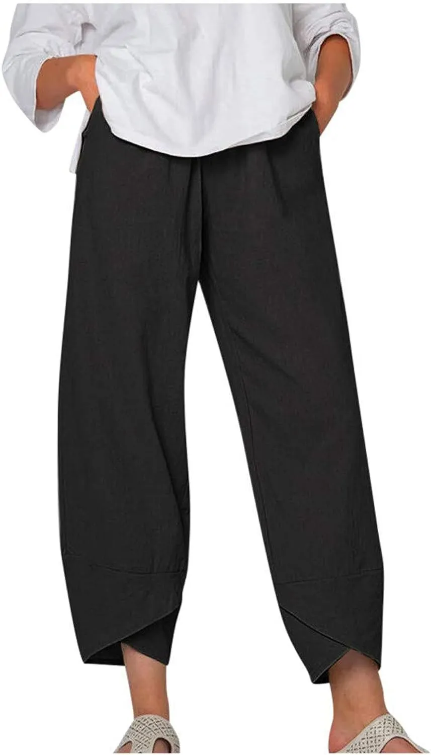 Cotton Linen Pants for Women Summer Casual Capri Pants Waist Elastic Comfy Loose Women's Palazzo Trousers with Pockets