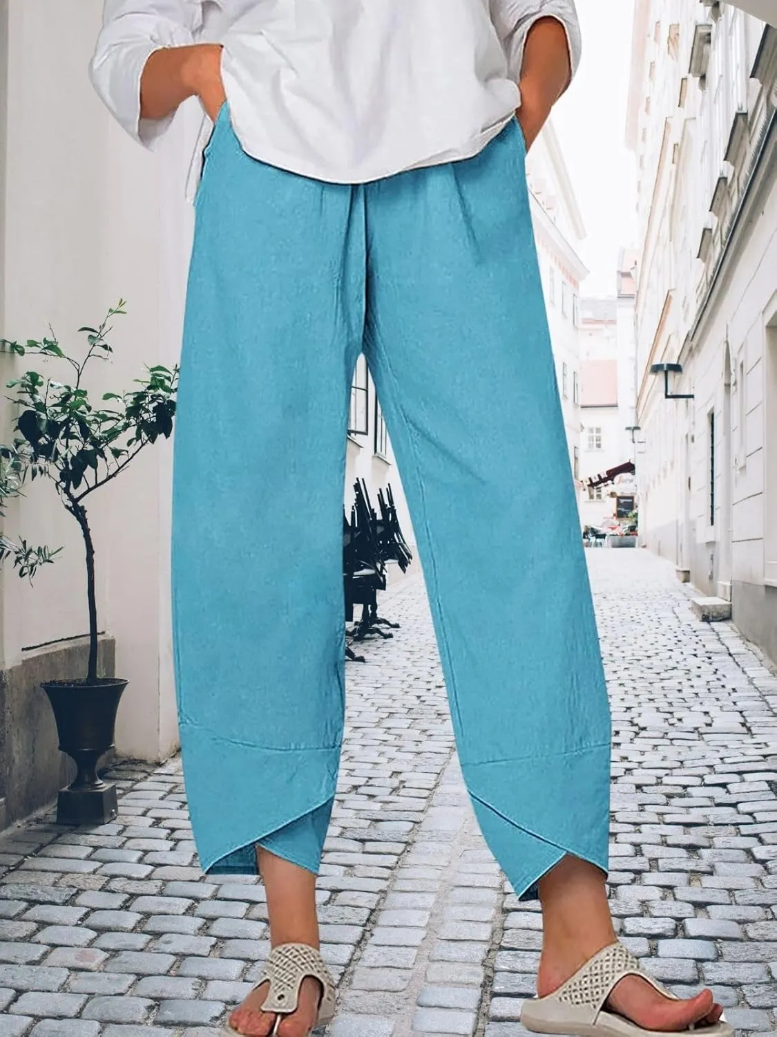 Cotton Linen Pants for Women Summer Casual Capri Pants Waist Elastic Comfy Loose Women's Palazzo Trousers with Pockets