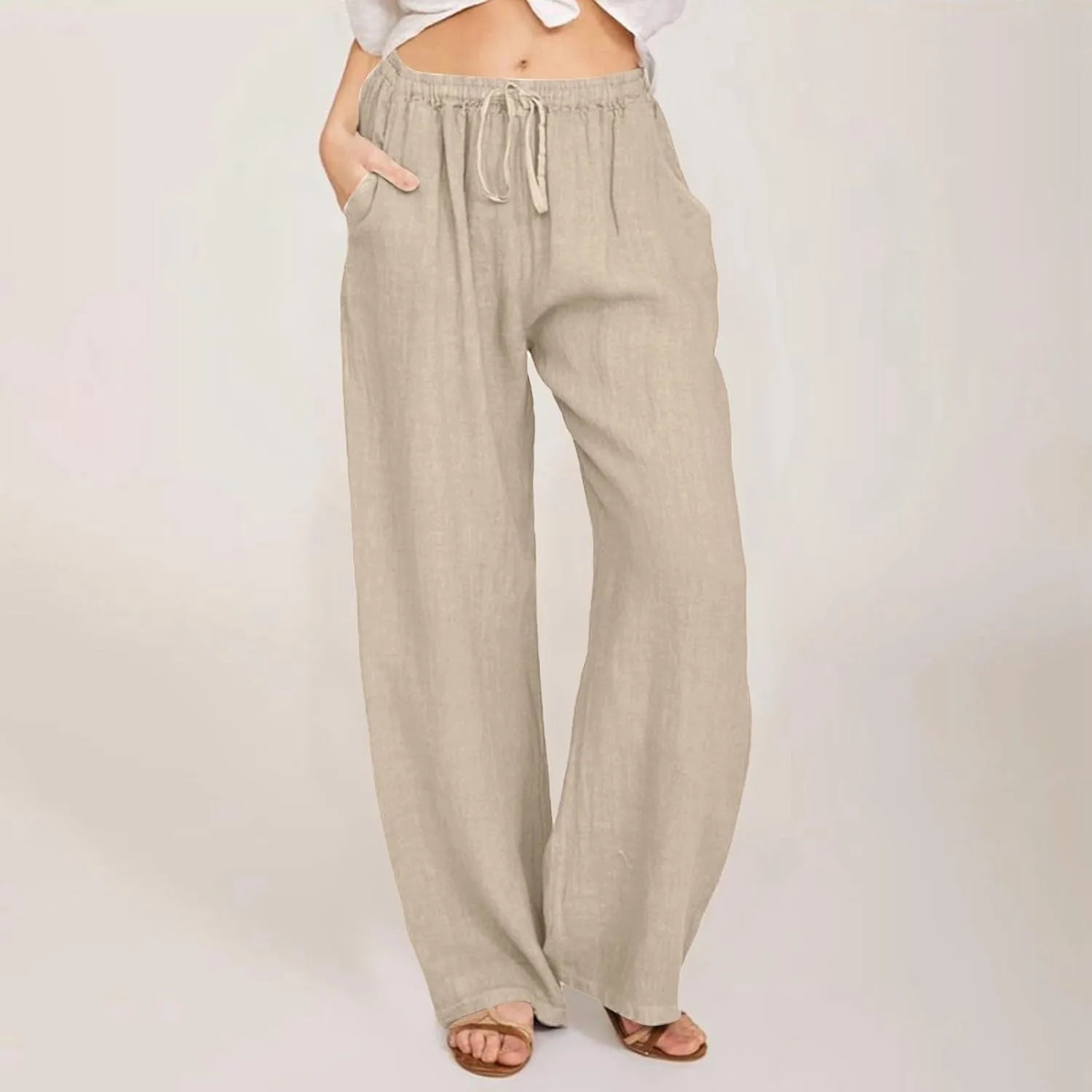 Cotton Linen Pants for Women Summer Drawstring High Waisted Palazzo Pants Casual Wide Leg Yoga Trousers with Pockets