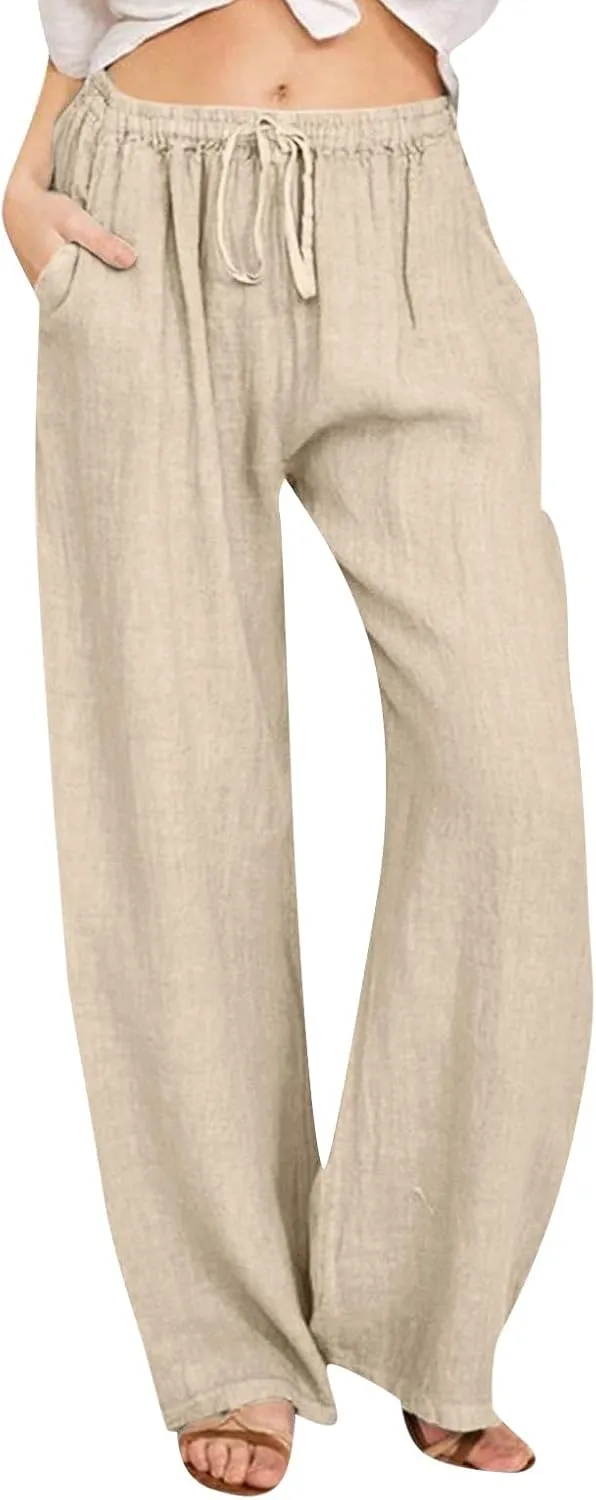 Cotton Linen Pants for Women Summer Drawstring High Waisted Palazzo Pants Casual Wide Leg Yoga Trousers with Pockets