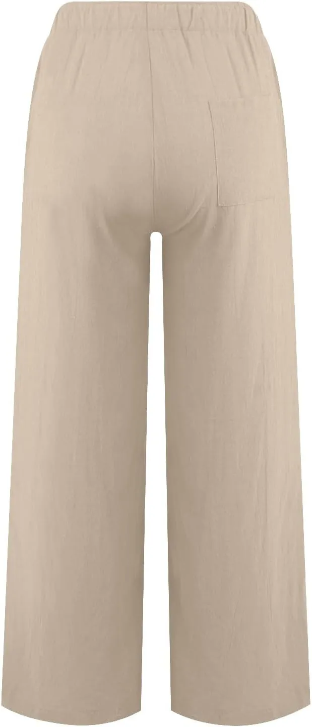 Cotton Linen Pants for Women Summer Drawstring High Waisted Palazzo Pants Casual Wide Leg Yoga Trousers with Pockets