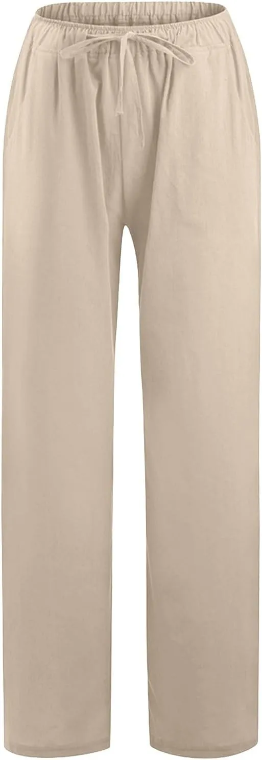 Cotton Linen Pants for Women Summer Drawstring High Waisted Palazzo Pants Casual Wide Leg Yoga Trousers with Pockets